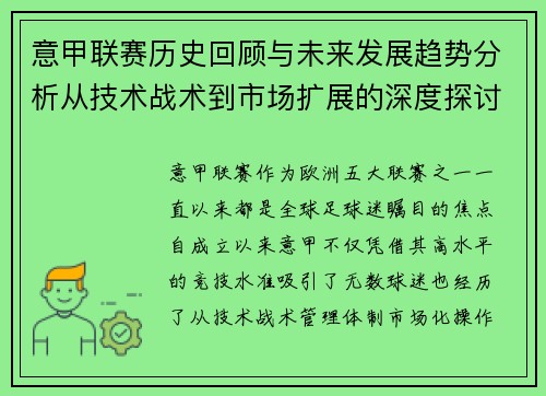意甲联赛历史回顾与未来发展趋势分析从技术战术到市场扩展的深度探讨